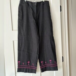 Black Linen Hi-Waist Wide Leg Cropped Pants with Hot Pink‎ Pineapples size 10